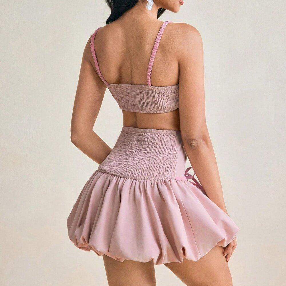 Pink Sexy Women's Bubble Hem Cutout Smocking Mini Dress - Picture 2 of 9